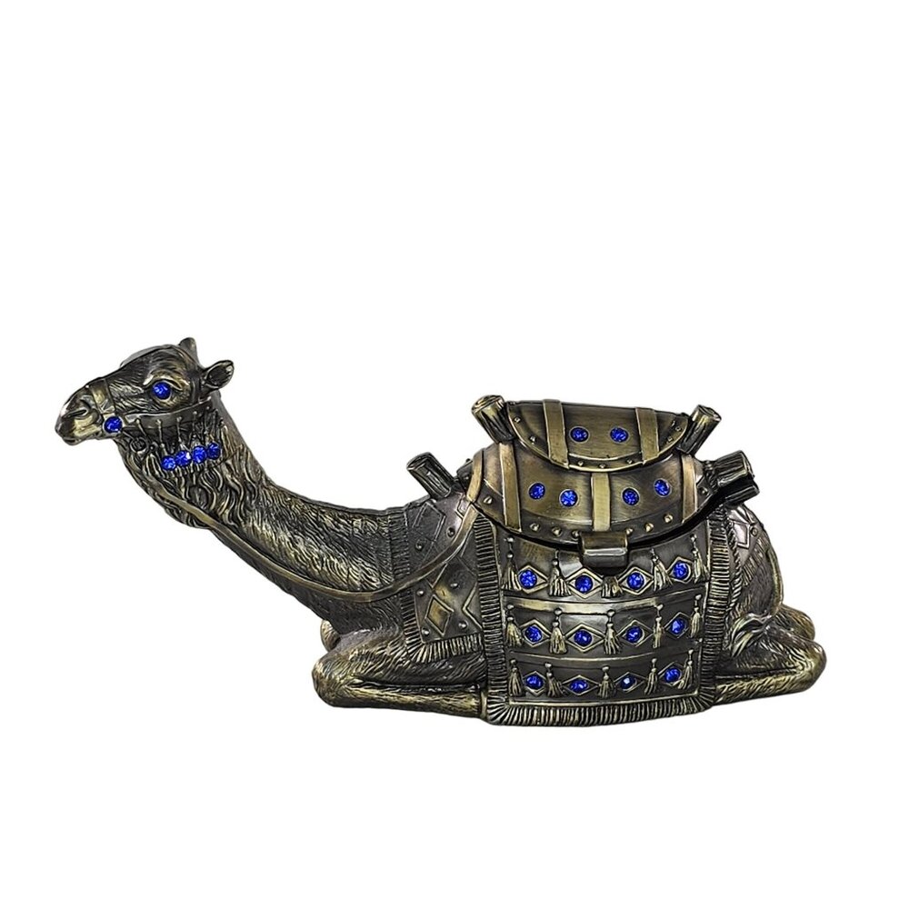 Ornate Metal Camel Trinket Box Blue Rhinestones Hinged Lid Blue Silver Color